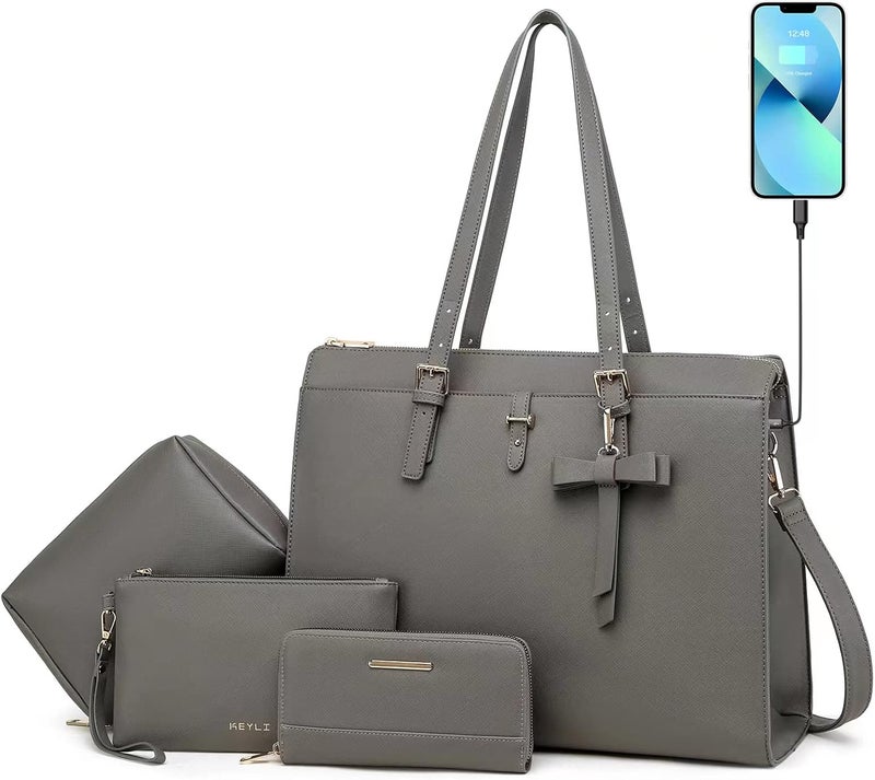 Keyli 4pc Sets Laptop Bag for Women Large Leather Laptop Briefcase with USB Charging Port Computer Shoulder tote Bags Purse - Image 1